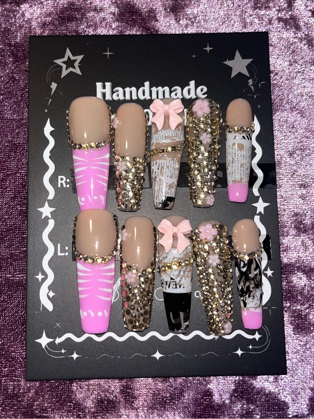 Pink and Nude Press-On Nail Set with Gold Accents